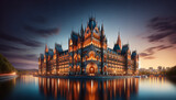 Fototapeta  - A grand gothic revival architecture style parliament building, elaborately lit up against the dusk sky