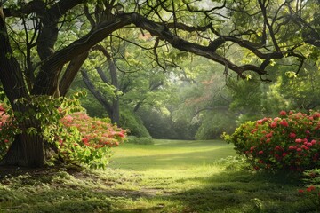 Wall Mural - Beautiful spring landscape with blooming rhododendrons in park