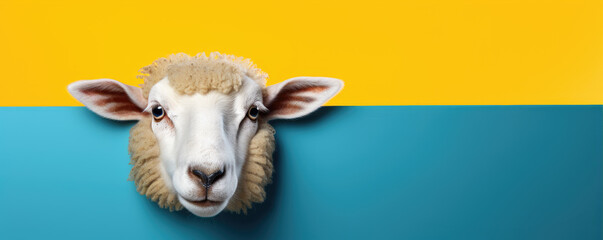 Wall Mural - Funny sheep head on yellow light blue wall.