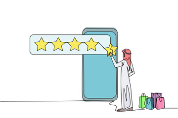 Wall Mural - Continuous one line drawing Arabian man standing facing giant smartphone trying to stick one star, that it becomes 5 stars. Reviews given to online stores. Single line draw design vector illustration