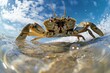 Crab in the water on a background of blue sky with clouds