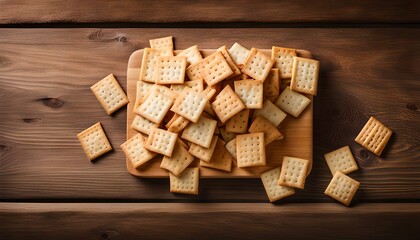Wall Mural - Heap of Dry thin crispy crackers on cutting board on wood table. Top view with copy space