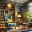 room with books,3D render illustrating the renovation of a charming reading book, complete with a plush armchair, built-in bookshelves, and soft lighting to perfect spot for relaxation and literary es