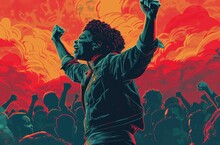 An Illustration Of A Black Woman In Front Of A Crowd With Their Fists Upraised And Fighting For Their Rights, In The Style Of Vintage Poster Design, Vibrant Palette Knife, Generative Ai