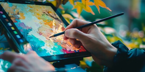 A hand is drawing on a tablet with a colorful background