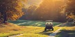 © xartproduction - A golf cart is driving down a dirt road in a lush green field