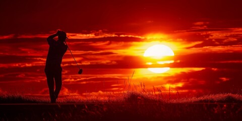 Wall Mural - A man is playing golf in a field with a sunset in the background