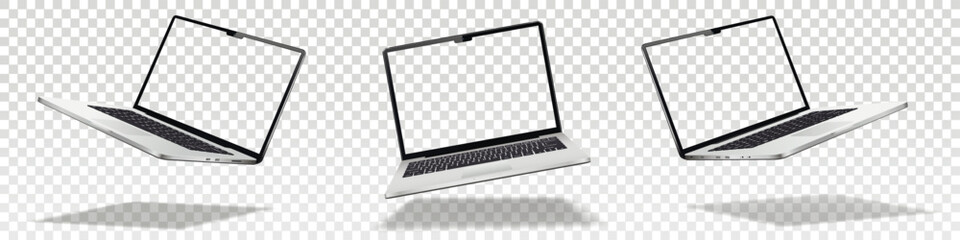 flying laptop mock up with transparent screen isolated