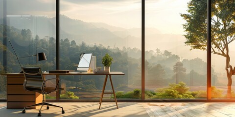 Poster - A large window office overlooking a mountain range with a desk and chair