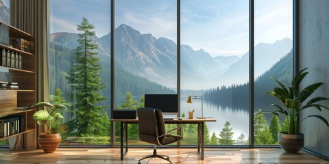 Canvas Print - A large window office overlooking a mountain range with a desk and chair