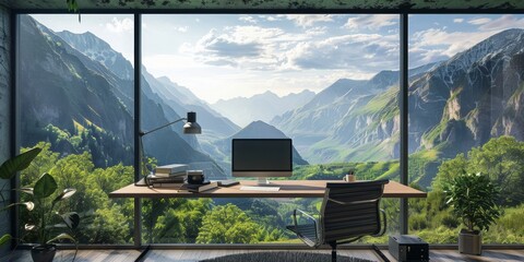 Wall Mural - A large window office overlooking a mountain range with a desk and chair