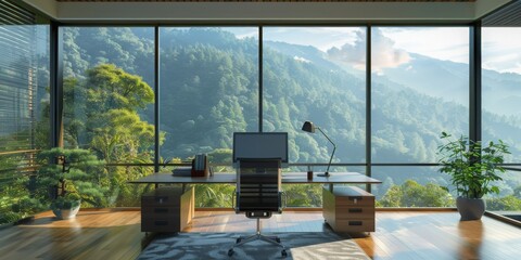 Canvas Print - A large window office overlooking a mountain range with a desk and chair