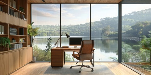 Canvas Print - A large window office overlooking a mountain range with a desk and chair