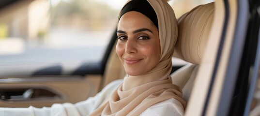 Wall Mural - Middle eastern woman in stylish headscarf promoting diversity and healthy lifestyle while driving