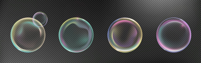Wall Mural - 3d pink realistic soap ball transparent vector. rainbow glass sphere with abstract light reflection.