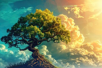 Wall Mural - Beautiful green tree on the rock with blue sky and clouds background