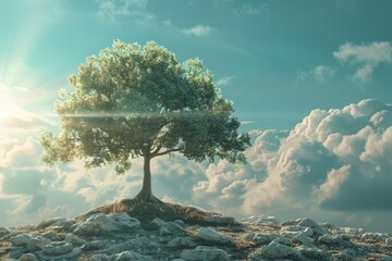 Wall Mural - Beautiful green tree on the rock with blue sky and clouds background