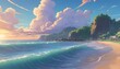 Beautiful colorful anime landscape. Nature scenic view manga style painting. Colorful digital painting. Cartoon lake, ocean. coast view wallpaper. Beautiful background.