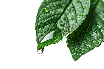 Green leaves have water droplets coming out of them.
.Isolated on white background.