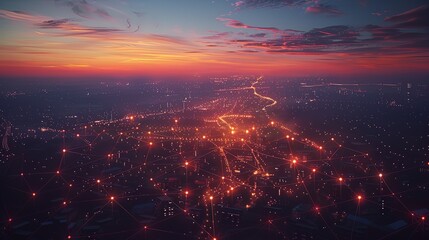 Wall Mural - Aerial night scene of city grid with light concept of data connectivity