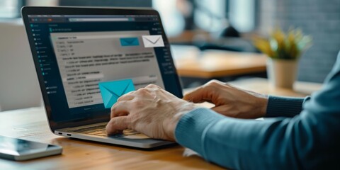 Wall Mural - A person is typing on a laptop with a blue screen that has many emails on it