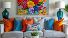 A Lively And Inviting Living Room Scene Featuring A Couch Adorned With A Variety Of Colorful Decorative Pillows, Under A Bright Floral Art Piece.