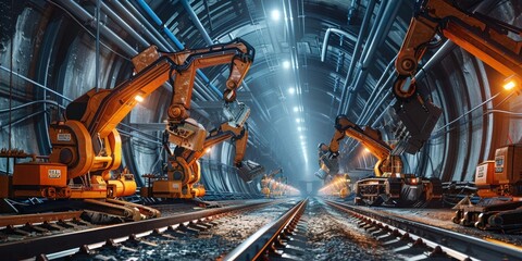 Wall Mural - A tunnel with a lot of orange machinery in it