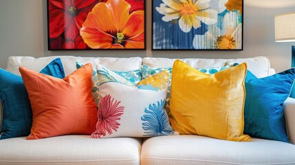 Wall Mural - A lively and inviting living room scene featuring a couch adorned with a variety of colorful decorative pillows, under a bright floral art piece.