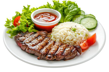 Gourmet meat steak, vegetable salad, sauce and rice on a plate. Delicious healthy meal made of grilled meat
.isolated on white background