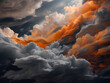 abstract, in the style of dark silver and orange, clouds, cartoonish innocence, slumped/draped, made of emotions, light white and dark navy, reduction of anatomy