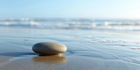 Wall Mural - A close-up shot of a single, smooth stone on a wet beach sand