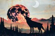 Silhouette of wolf on the background of the mountains and the moon