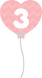 Set of pastel pink heart-shaped numbered balloons illustration for baby and kids party decoration. Number three.