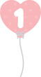 Set of pastel pink heart-shaped numbered balloons illustration for baby and kids party decoration. Number one.