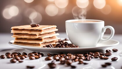Wall Mural - Wafer with coffee flavored cream in white plate with cup and coffee bean background
