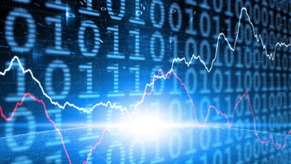 Business stocklines on binary numers wall background. Modern futuristic blue business concept with lens flare. Illustration.