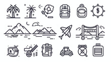 Tourism  Vacation Recovery. Thin Line Art Icons Set. S