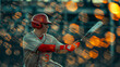 A man in a baseball uniform swinging a bat, with a bokeh light background, capturing the essence of sport. Generative AI