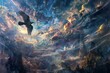  rendering of a fantasy landscape with a raven flying in the sky