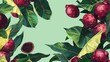 Exotic mangosteen shapes repeat in jubilant tropical pattern sprawling energetically over vivid tropical green ground in celebratory illustrative display.