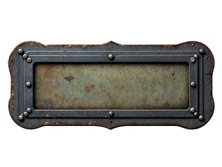 Blank rusted metal plate on a transparent background. PNG image of a blank metal signboard covered in rust.