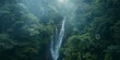 An enigmatic capture of a lofty waterfall plunging through a fog-enshrouded verdant forest, evoking mystery