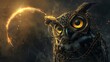 owl wears glasses staring at us at the night with an eclipse in the back