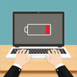 Laptop computer with low battery icon on screen, vector flat design illustration