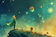 Little Prince exploring whimsical planets, each with its own unique inhabitants and landscapes. 