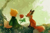 Fototapeta Kwiaty - Little Prince's companionship with the rose, the fox, and other characters he encounters on his journey. 