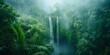 Ethereal view of a fog-covered jungle with twin waterfalls cascading into a hidden pool
