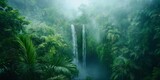 Fototapeta  - Ethereal view of a fog-covered jungle with twin waterfalls cascading into a hidden pool
