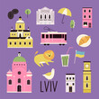 Colorful design with symbols, landmarks, famous places of Lviv, Ukraine.