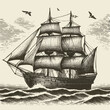 hand drawn ship old engraving vector illustration style. illustration of an old fashioned sailing ship or boat in a vintage etching woodcut style. ship vintage illustration old engraving style